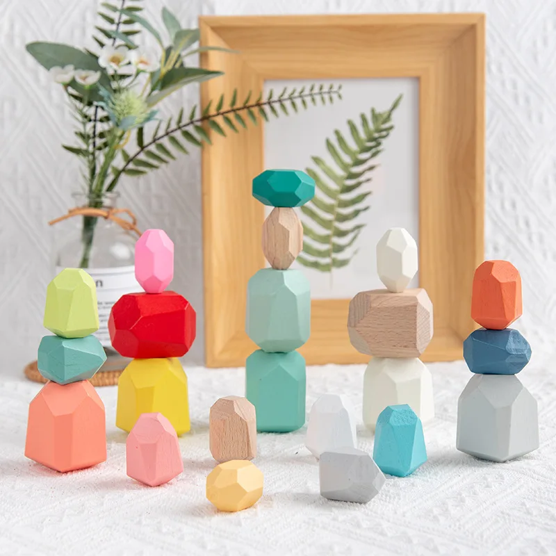 Nordic Wood Balance Blocks Natural Colored Stone Building Blocks Educational Toys for Kid Wooden Rainbow Stacking Toys
