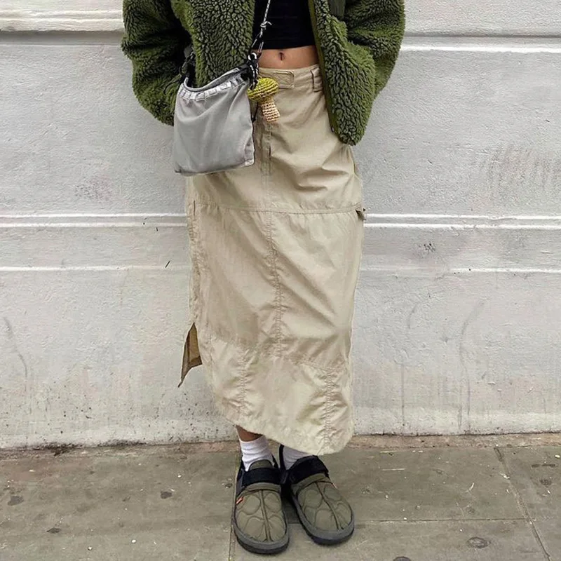 Женская обувь с вышивкой в винтажном стиле мешковатые уличная одежда хаки повседневные длинные брюки цвета юбки разрезом низкой талией юбка