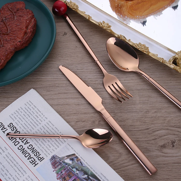 Reusable Wholesale Copper Cutlery Rose Gold Shiny Bronze Stainless Steel Flatware Sets