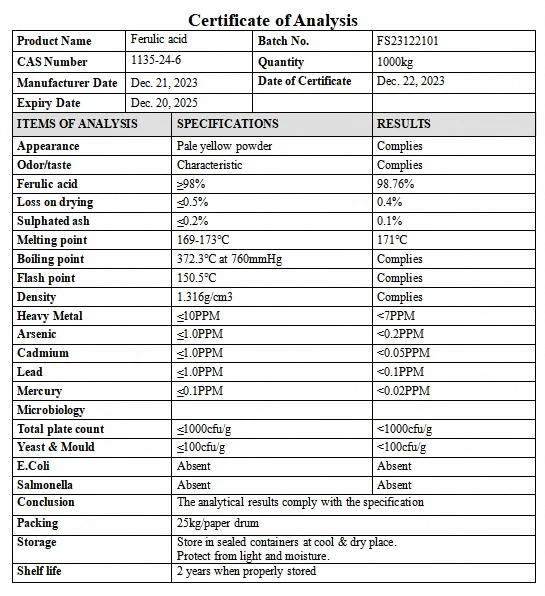 High purity ferulic acid liquid ferulic acid food grade ferulic acid for sale