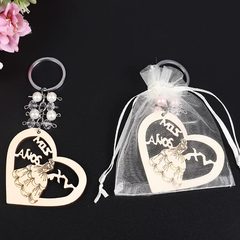 Wooden Love Princess Keychain Wooden Heart Shape Figural Pearl Crystal Key Ring Pendant Gifts for Girl Woman Men