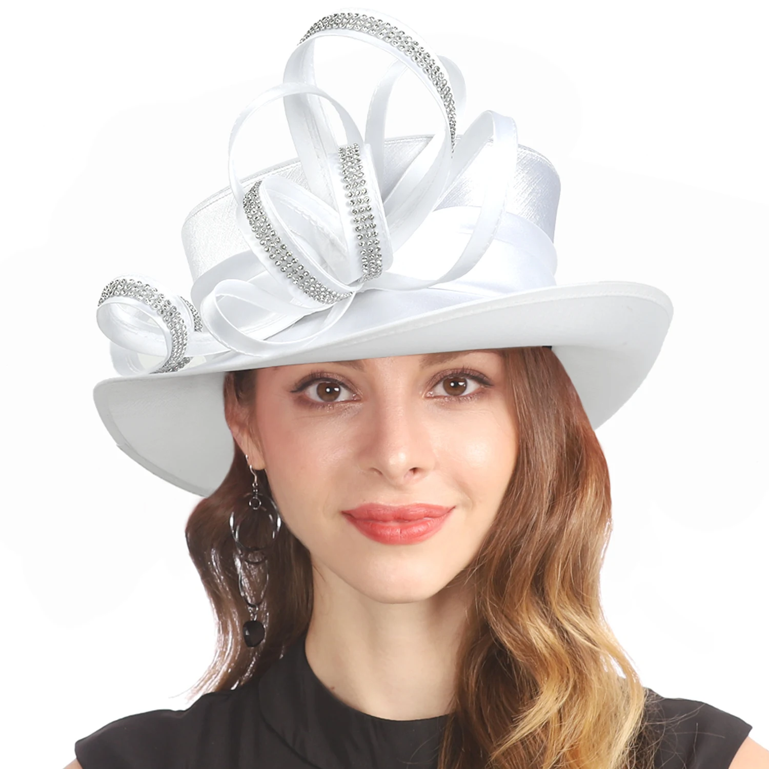 Wholesale Fancy Women Dressy Satin Formal Wedding Derby Hair Fascinator Church Hats w/ Diamonds Champagne Gold SD718