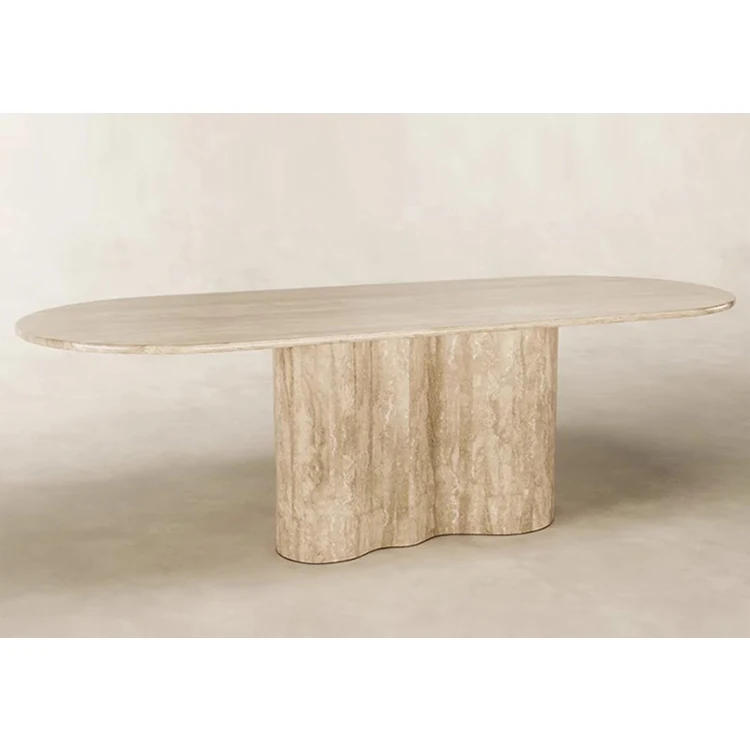 Hotel luxury home design stone pillar column table furniture travertine dining table marble dinning table set