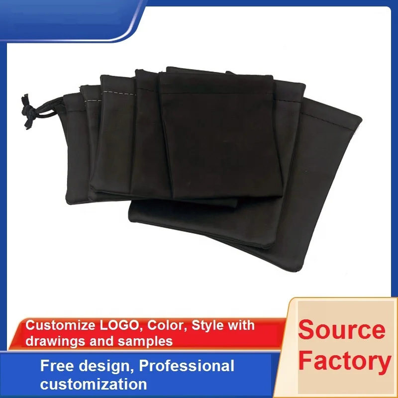 High Quality Custom LOGO Black PU Leather Bags with Rope for Jewelry Gift Shopping Packaging Drawstring Pouch