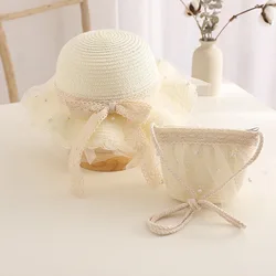 2022 wide brim Summer children new Beach Sun Hat Girl lace pearl Bucket Straw Hat and bag set beautiful outdoor travel hat kids