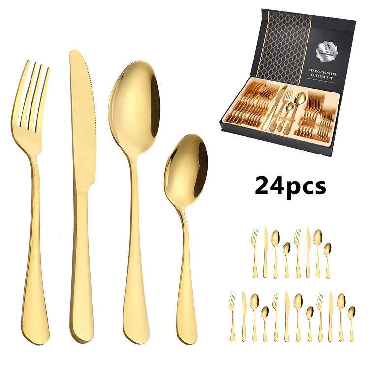 Hot Selling Knife Fork Spoon Stainless Steel Silverware Gold 24pcs Cutlery Set with Box