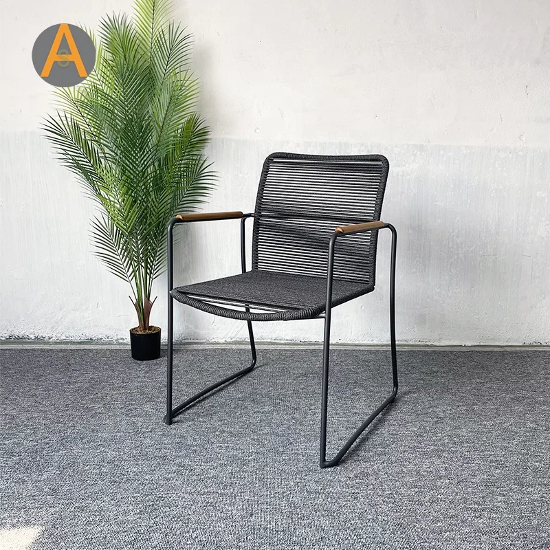 Antique patio furniture restaurant cafe chair stainless steel frame rope cord outdoor armchair