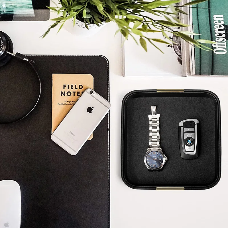 Custom Leather Desktop Storage Tray Luxury Leather Tray Multifunctional Jewelry Tray For Key Phone Wallet Coin Change Stationery
