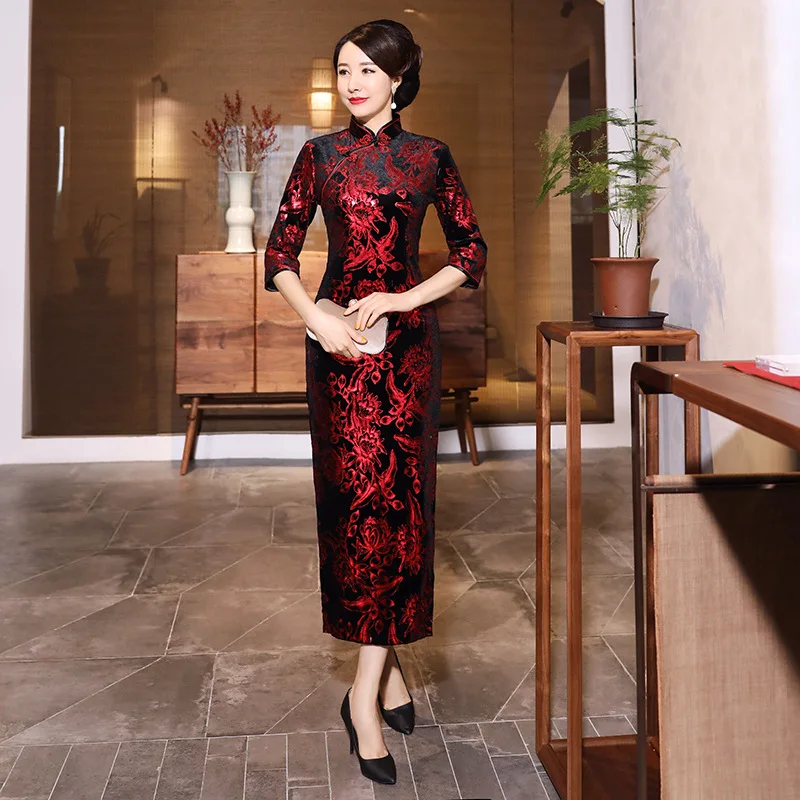 Elegant Chinese Qipao Cheongsam Floral Print 3/4 Sleeve Cheongsam Side Long Split Midi Cheongsam Women Banquet Evening Dresses