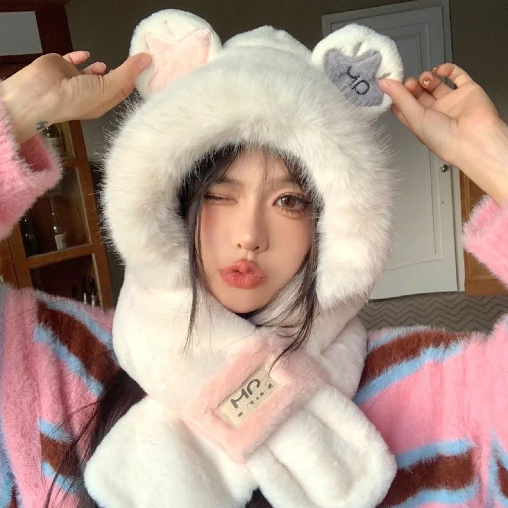 Wholesale factory plush hat autumn and winter scarf hat overall plush girl super cute ear protection plush animal bear hat