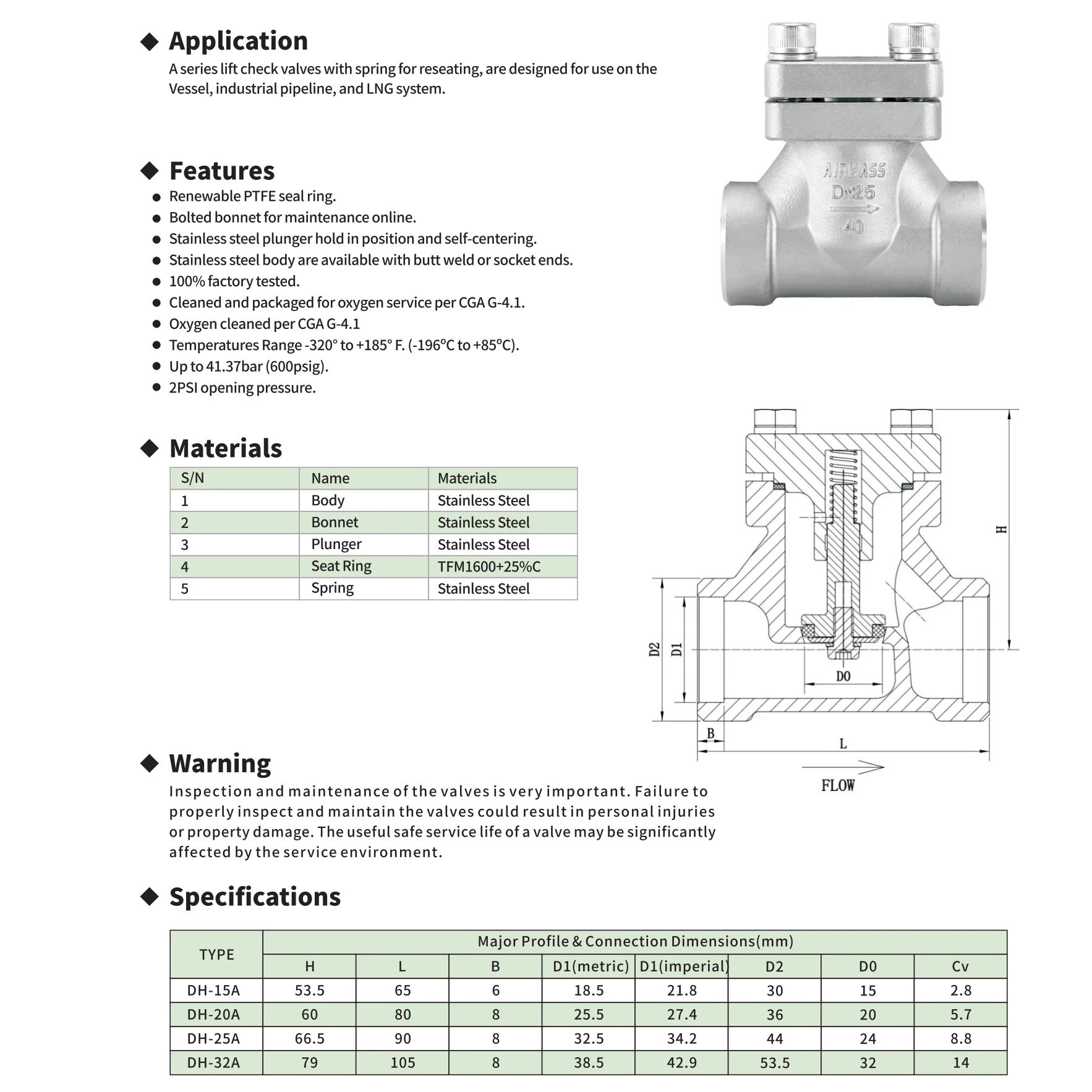 DH61F-40P Lift Check Valves with Spring for Re-Seating Designed Industrial Pipeline LNG System Vessels Low Pressure