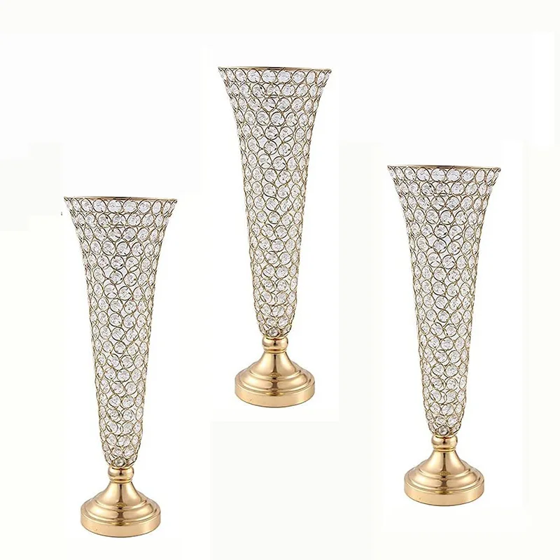 2024 Wedding Decor Gold Center Piece Table Big Floor Metal Wire Luxury Crystal Trumpet Floral Vase
