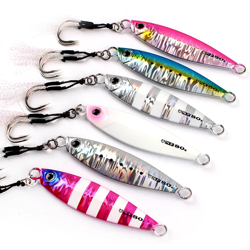 80g 100g UV Luminous and Glow Slow Pitch Jigs 3D Eyes Metal Lure Jigging Lures with BKK Assist Hooks for Ocean Boat Fishing