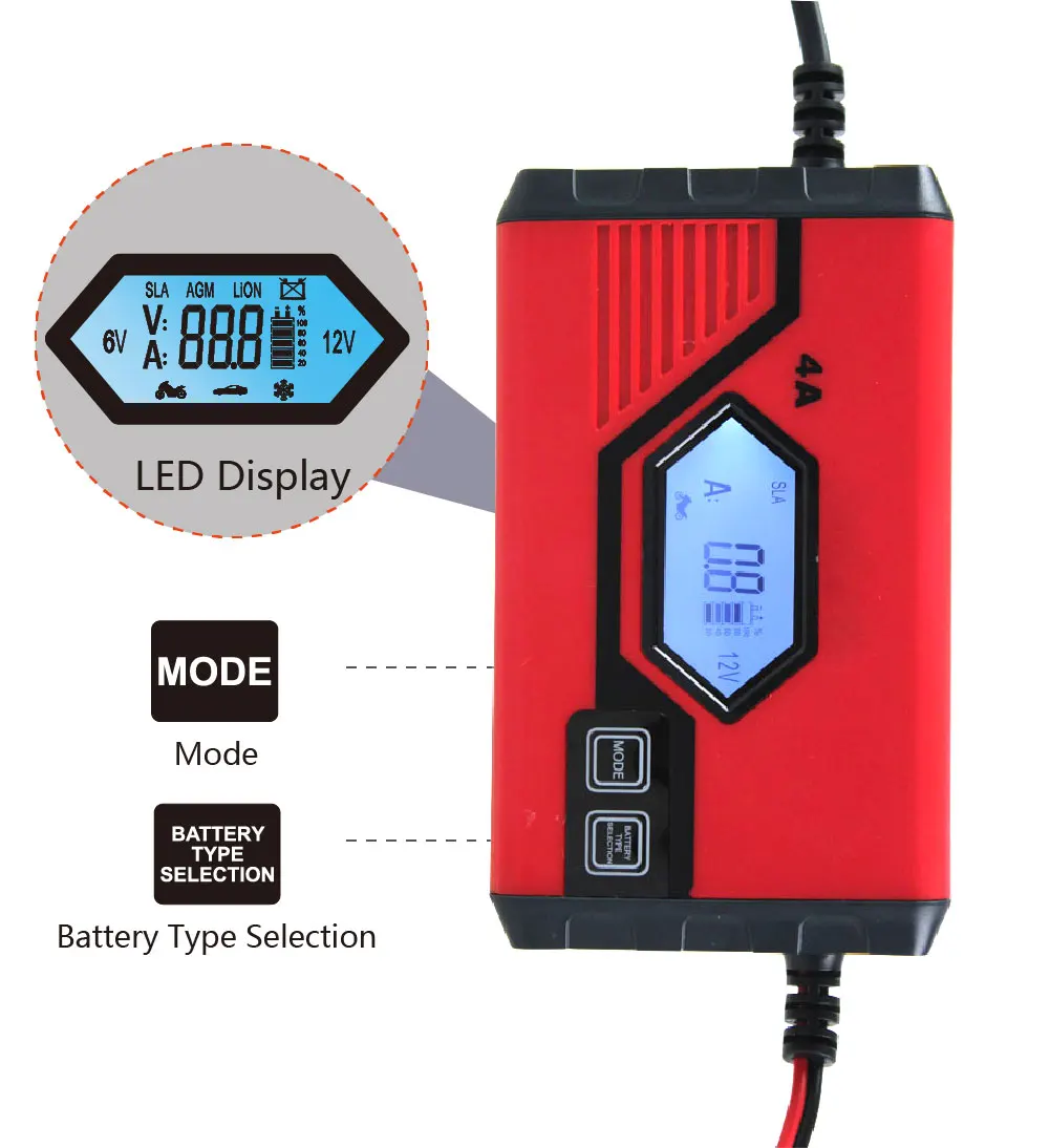 
For 6V 12V 20AH to 120AH SLA AGM LI-ION New Arrival Smart Car Battery Charger OEM IP65 Waterproof Red Power Tools CB Automotive 