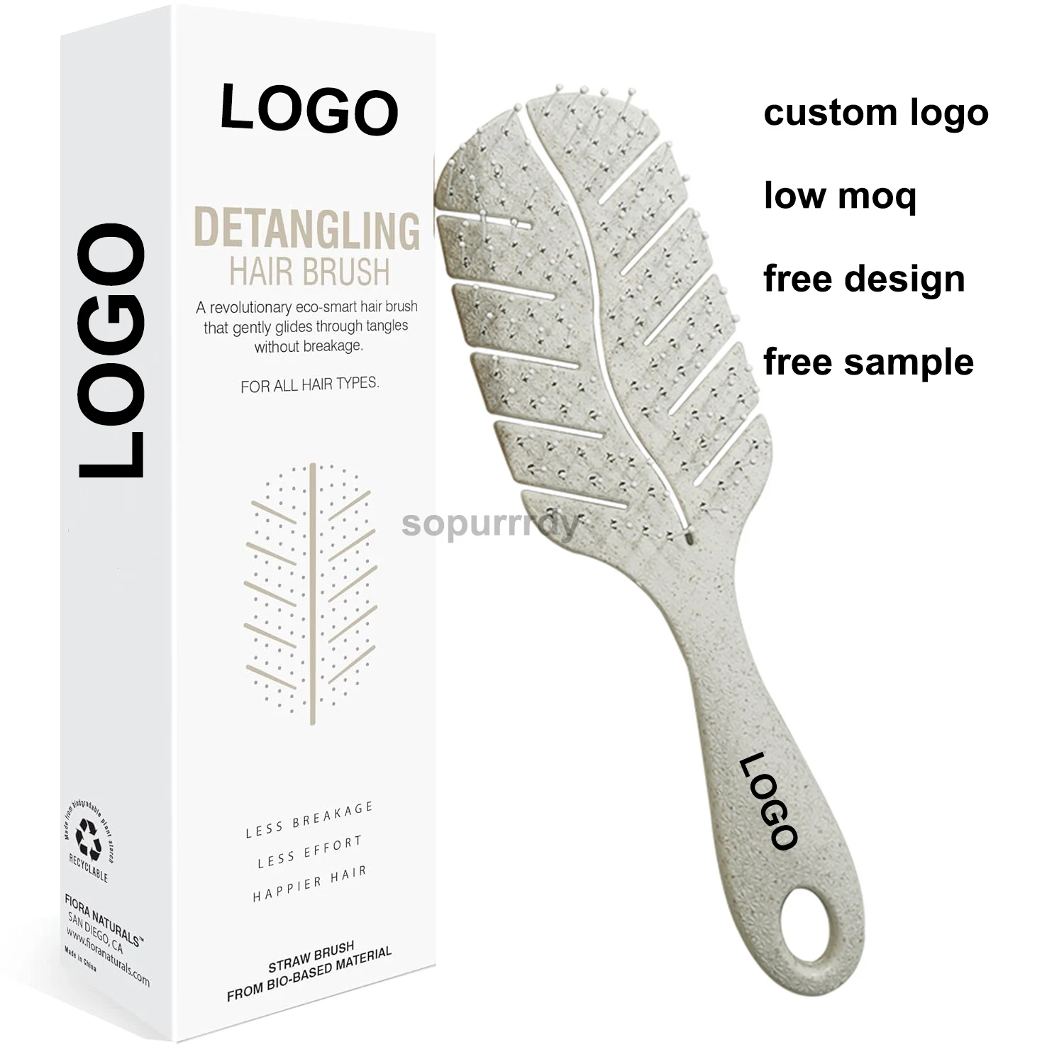 Custom Logo Detangler Brush Naturals 100% Bio-Friendly Detangling Brush Soft Bristles Glide Through Tangles Dry and Wet Hair
