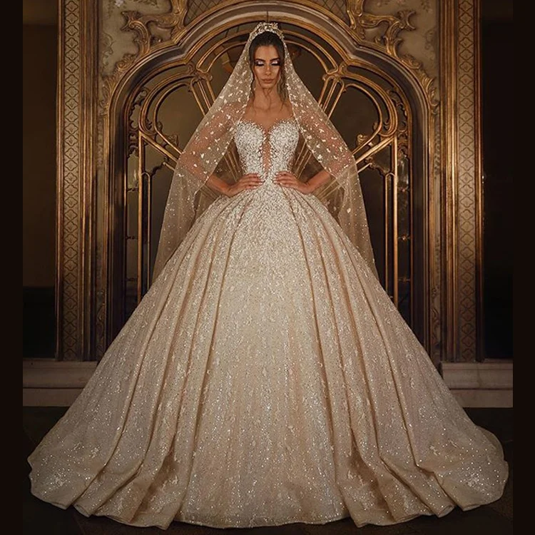 Beading V-Neck Luxury Crystal Wedding Dresses Turkey Istanbul China Manufacturer Long Tail Ball Gowns Wedding Dress For Women