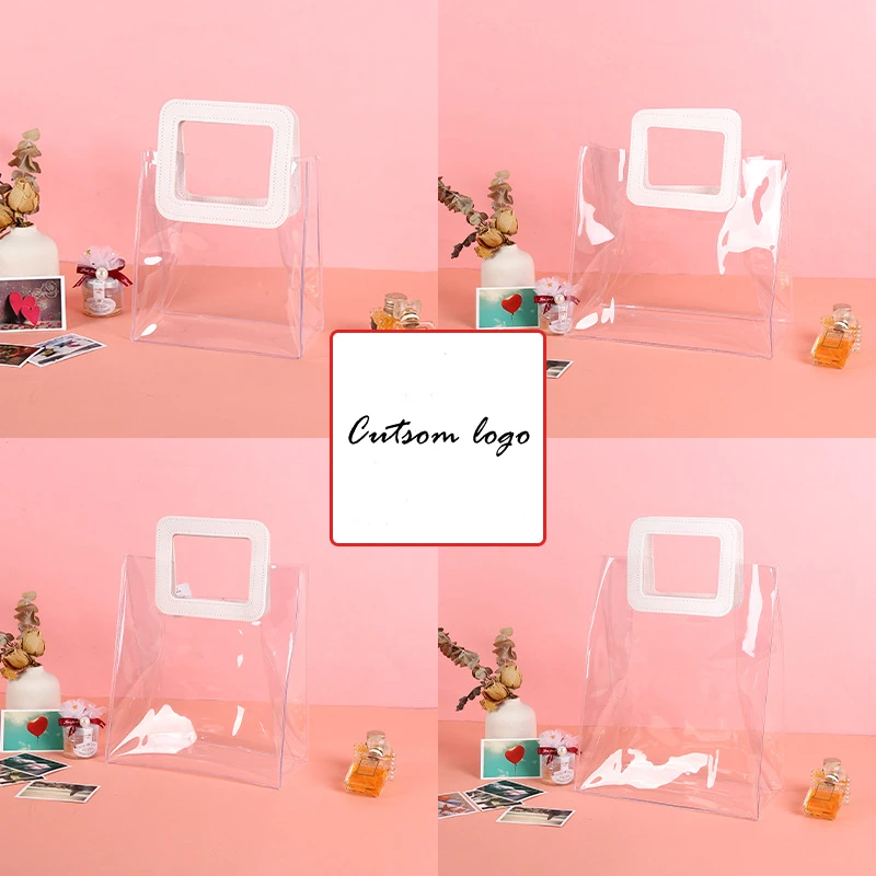 Custom Logo Holographic Laser Iridescent Square PU leather handle PVC Gift Shopping Tote Bag