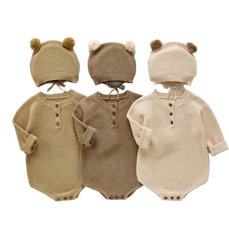Трикотажная Одежда для новорожденных bear из 100% хлопка, Комбинезоны для маленьких мальчиков и девочек, одежда для маленьких детей, свитер на зиму с шапочкой