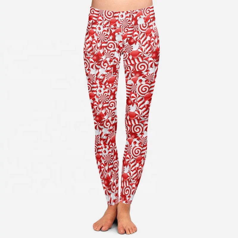 92 polyester 8 spandex leggings high waist milky soft sublimation printed red white candies Christmas leggings for women