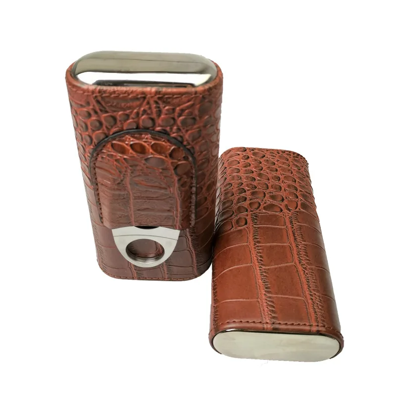High Quality 3-Finger Humidors Portable Cigar Box Brown Leather Case With Cutter