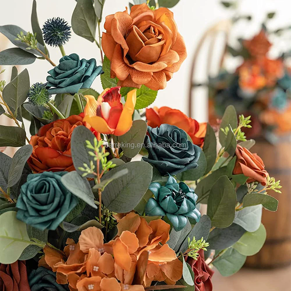 Lower Price Artificial Flower Teal & Orange Arrangement Free Stand Flower For Wedding Archway Decor