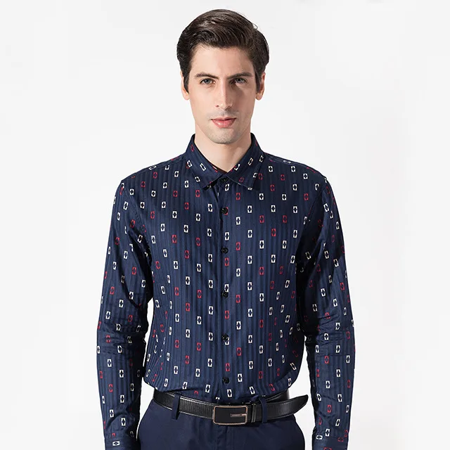 Мужская хлопковая рубашка с длинным рукавом, с принтом