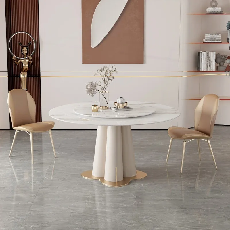 New Modern Home Furniture Stainless Steel Titanium Sealed Glazed Stone Plate Round Marble Table Top Leather Chair Set
