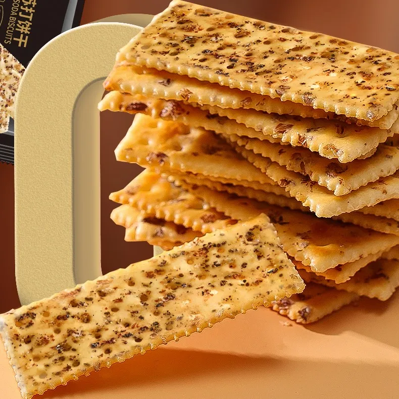 2024 Hot selling Wholesale Healthy Fried Low Sugar Salty Black Truffle Ham Soda Biscuit with Limai Chia seeds