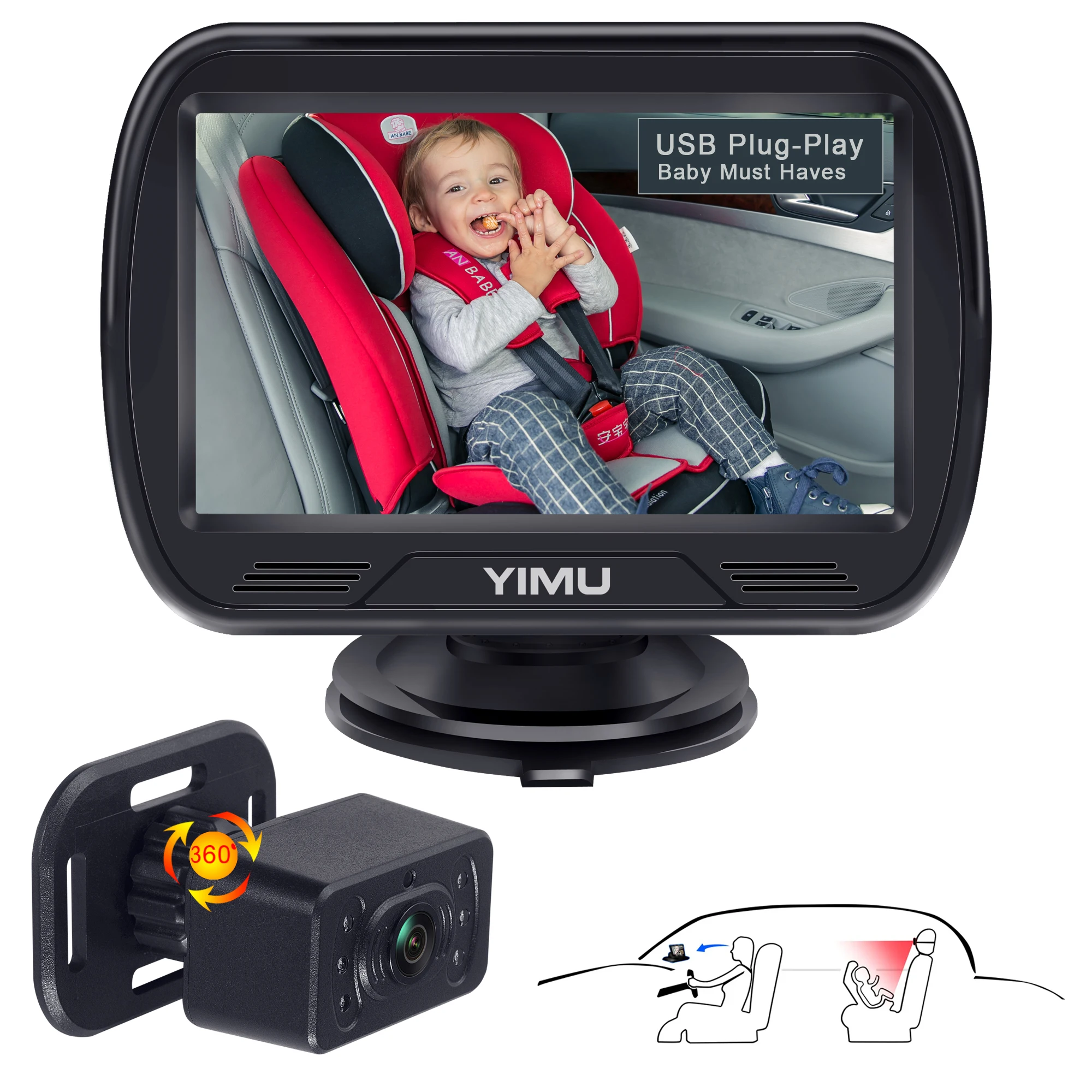 YIMU KB41 Baby Monitor for Car, Easy Installation, Strap Mounting on Headrest, Built-in IR Night Vision, Eye-Friendly