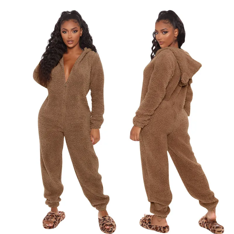 Casual Plush Homewear Long Sleeve Hooded Jumpsuits Women Cute Loungewear One Piece Zipper Pajamas Women Sleepwear