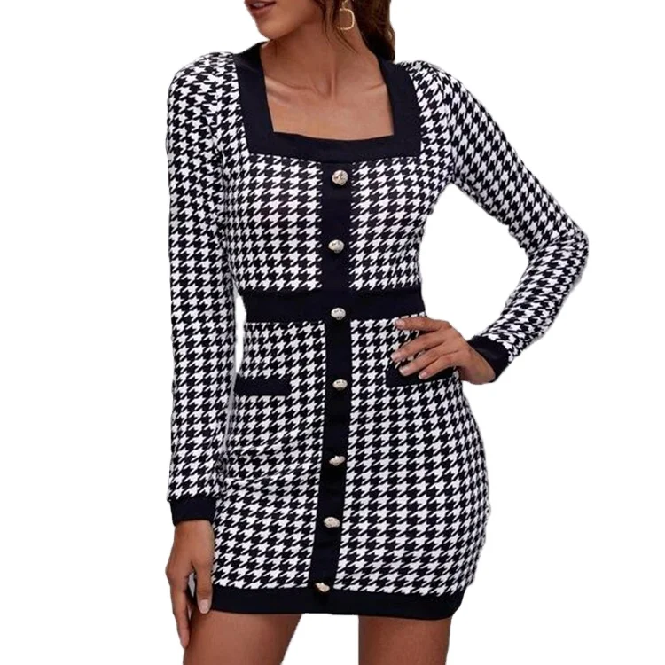New Fashion Classic Tweed Sexy Worsted Long Sleeve Bodycon Mini Dress Office Women