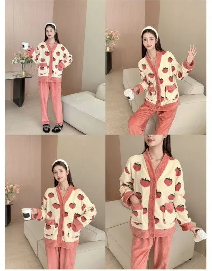 Autumn and Winter Thickened Oolong Peach Nightgown Set Strawberry cartoon Style Cardigan Home Clothes Warm girls women Pajamas
