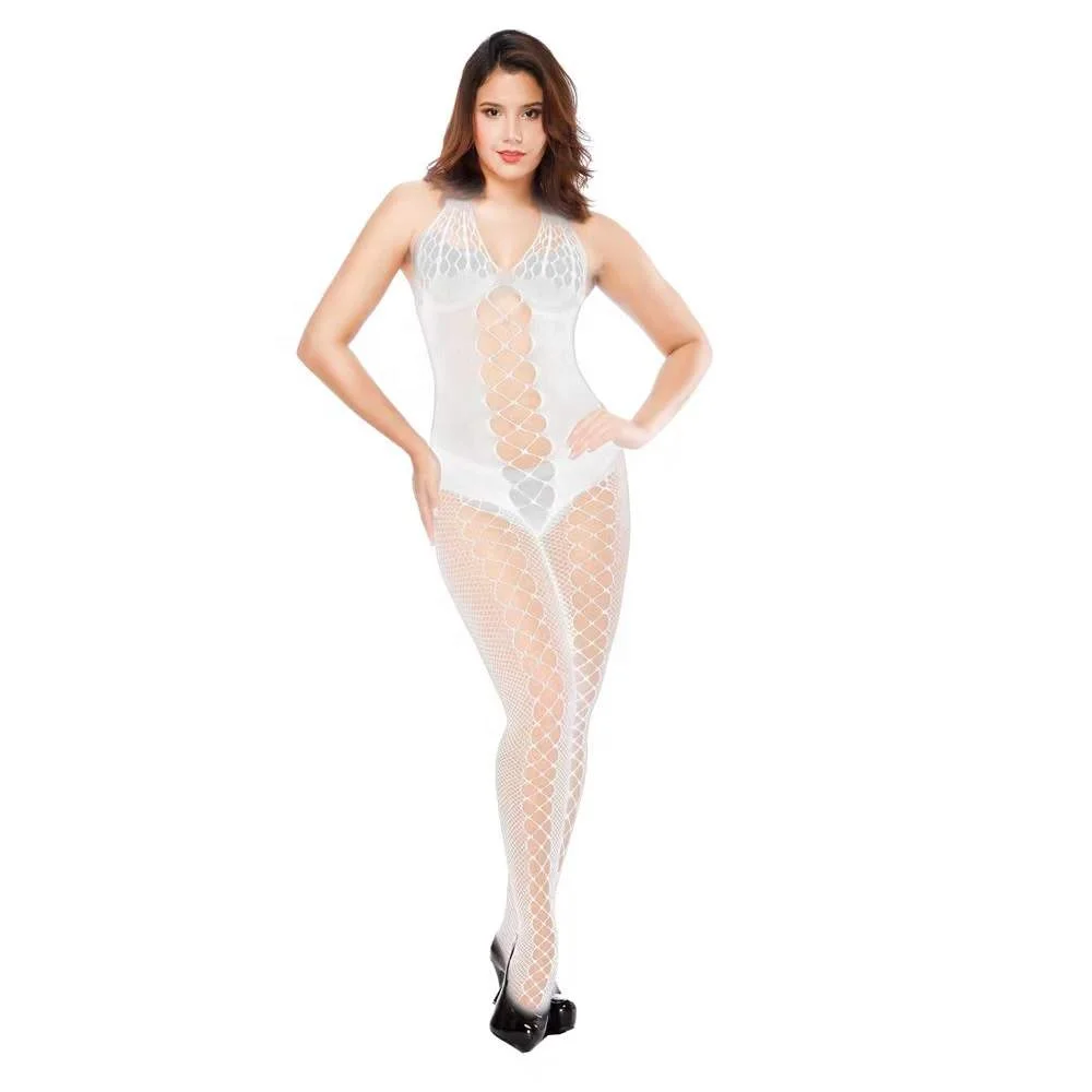 Womens One Size Fishnet Bodystockings Striped Lingerie Crotchless Bodysuits Tights Suspenders Black