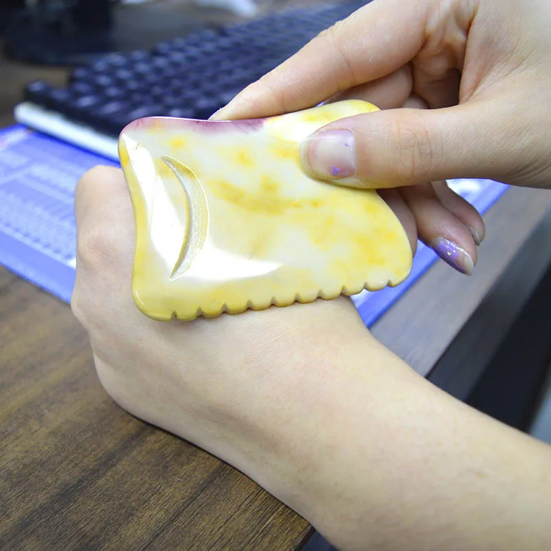 U shape Mookaite Gua Sha Scraping Massage Tools with Smooth Edge Yellow Stone Guasha Face and Body Therapy Tool for Anti-wrinkle