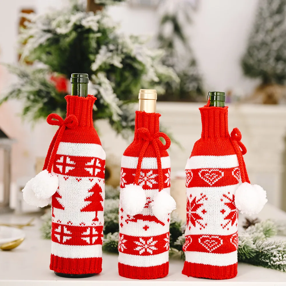 Christmas Red Wine Bottle Covers Handmade Knit Sweater Champagne Bags Reusable Wine Gift Bags For Christmas Birthday Decorations