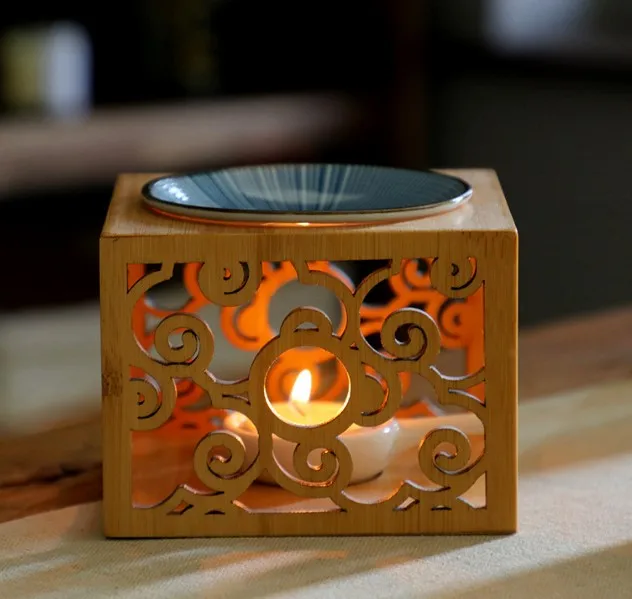 Tealight Candle Wax Fragrance Aromatherapy Wood Incense Burner,Ceramic Bamboo Candle Wax Warmer Holder