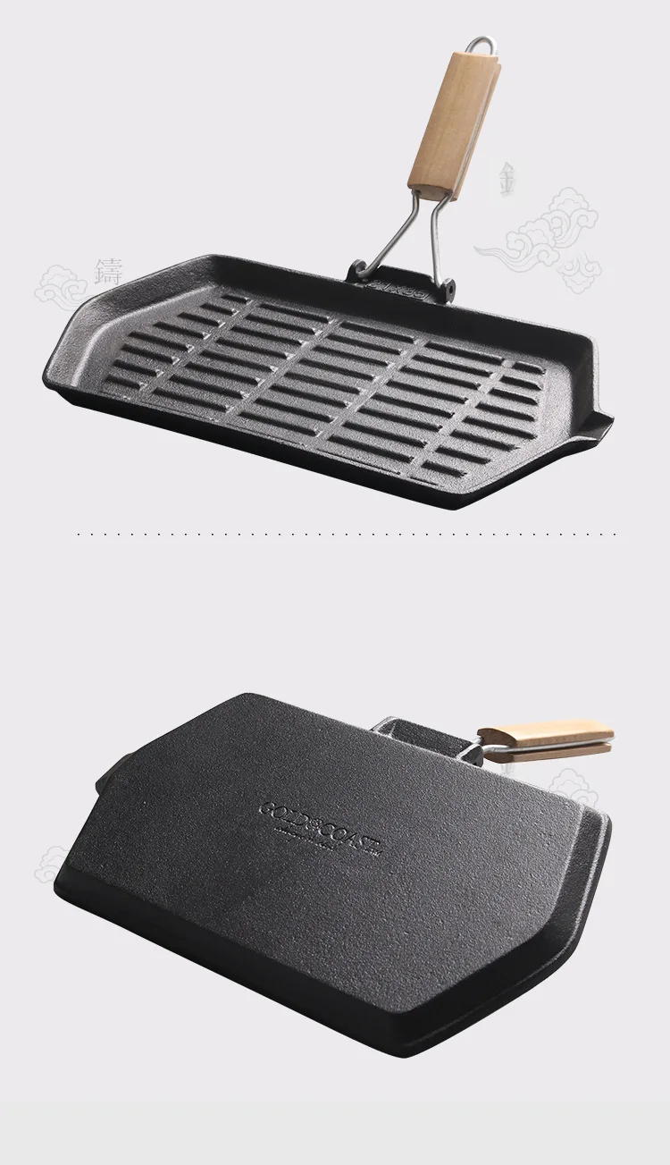 Wholesale cast iron baking pan rectangular black color steak frying pan with folding wooden handle