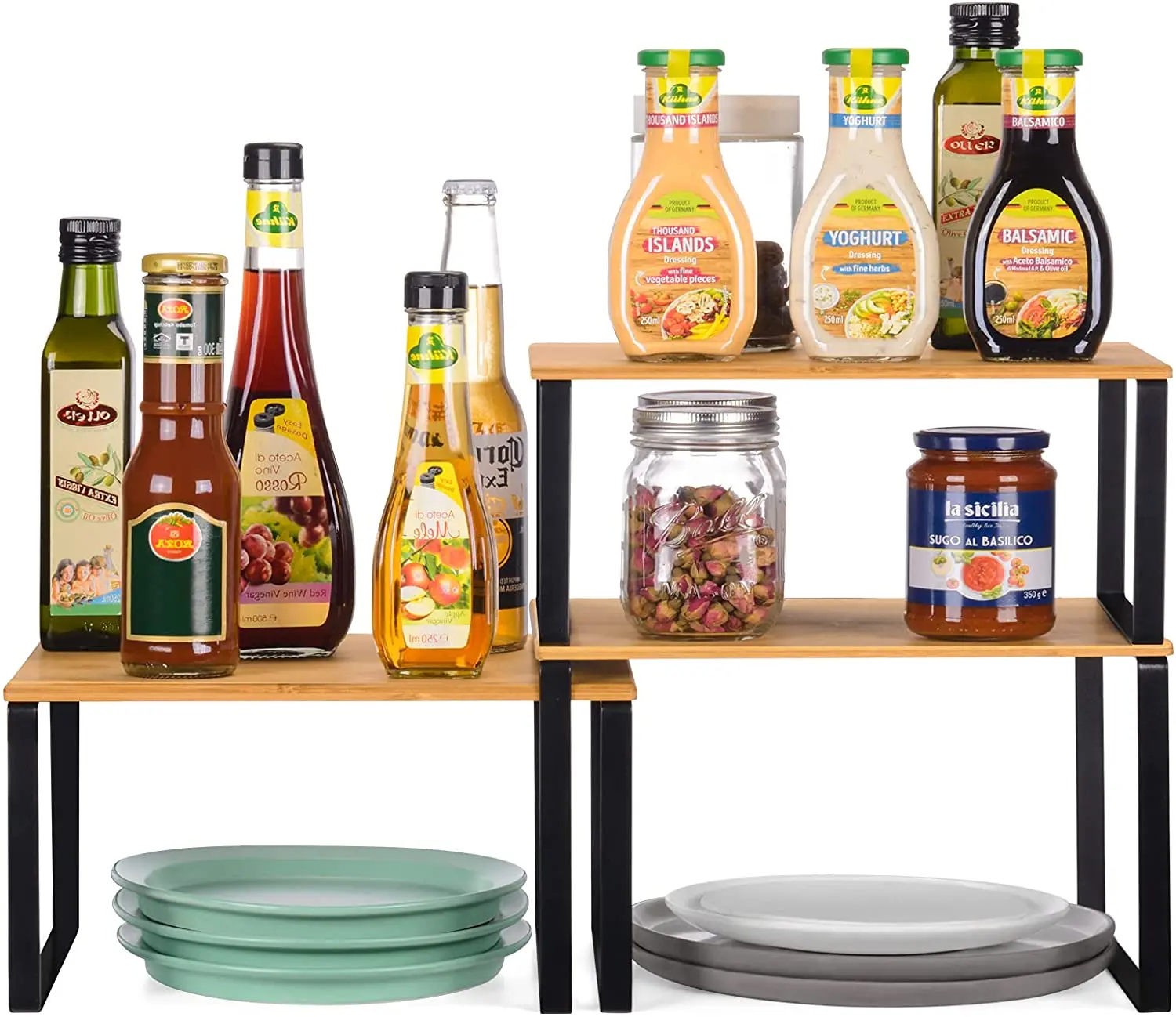 Bamboo Shelf Wooden Spice Rack 3 Tiers Stackable And Expandable Desktop Bamboo Shelving Organiser Spice Storage Rack For Counter