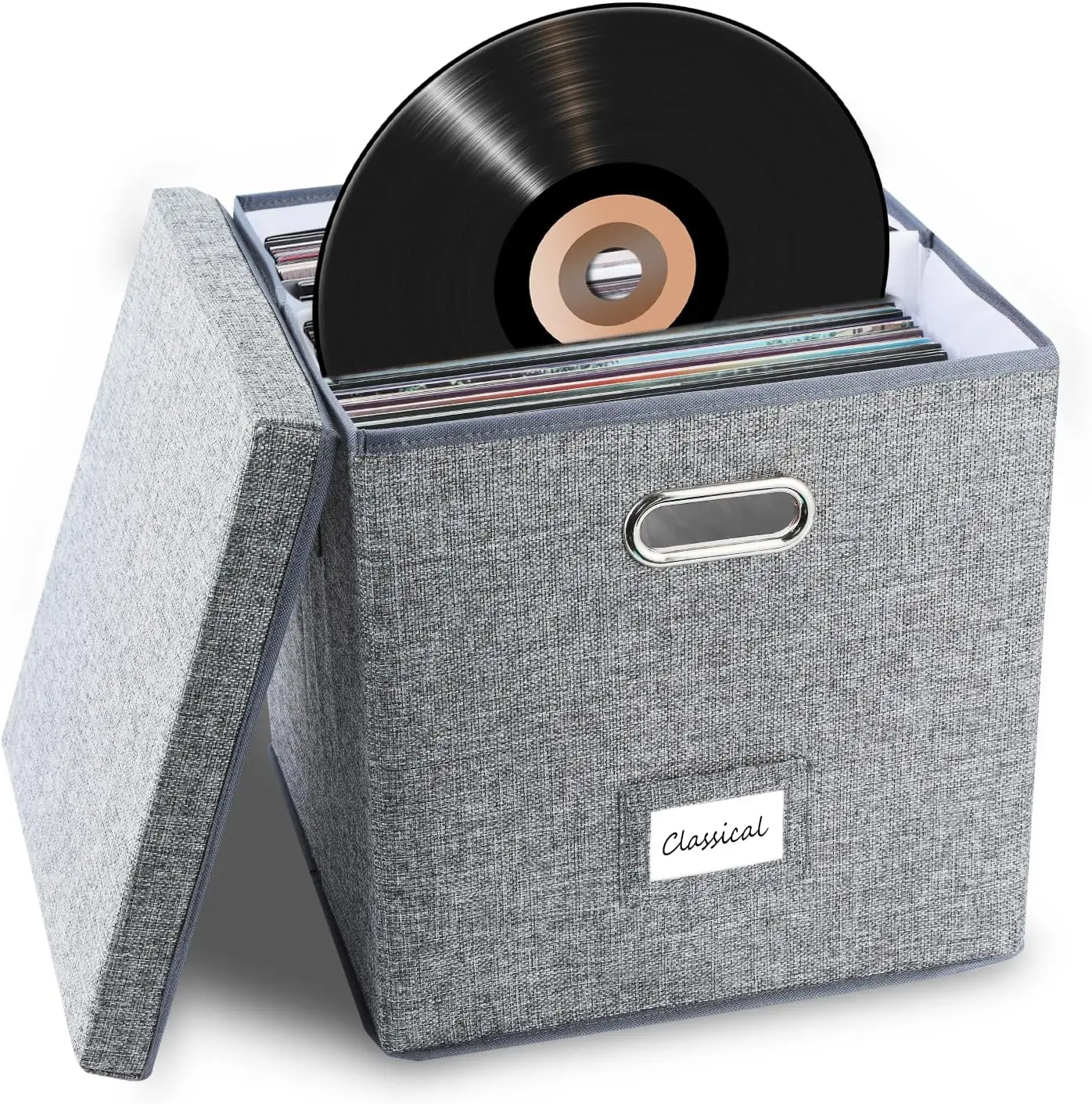 Vinyl Record Storage Box for 50+ Single LPs Stackable Albums Linen Crate with Lid Collapsible Play Music Collection Holder