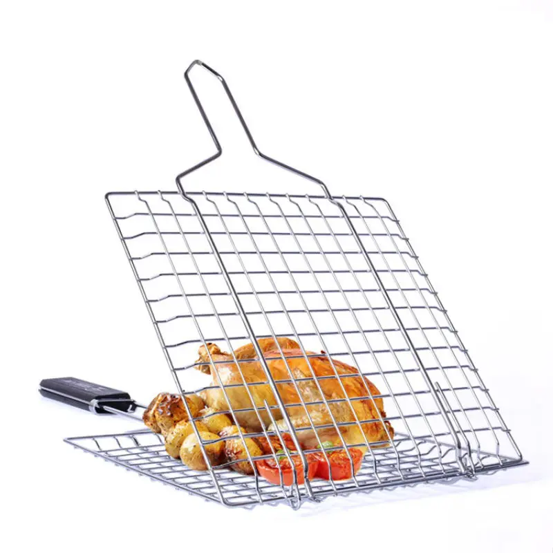 LLX387 Stainless Steel Folder Outdoor Barbecue Mesh BBQ Clip Convient Barbecue Grilled Fish Clip Barbecue Net