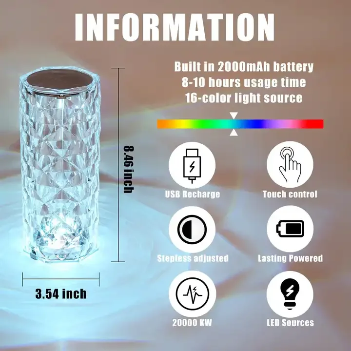 Romantic desk indoor rose 16 Color Changing RGB decorative Touch rechargeable USB led crystal night lights table lamp