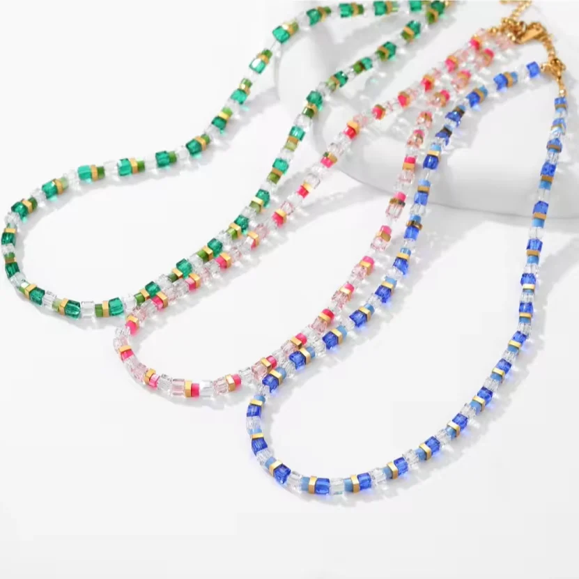 2024 New Design Colorful Crystal Glass Stone Pink/Green Horseshoe Shell Spacer Bead Necklace & Bracelet