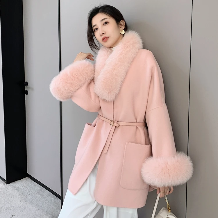 Winter Cashmere Fur Coat Plus Size Wool Coats for Women Real Fox Fur Collar Belt Fluffy Jacket