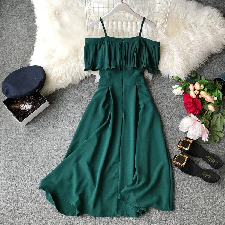 Customized pleated off shoulder one line neck strap mid length dress for women