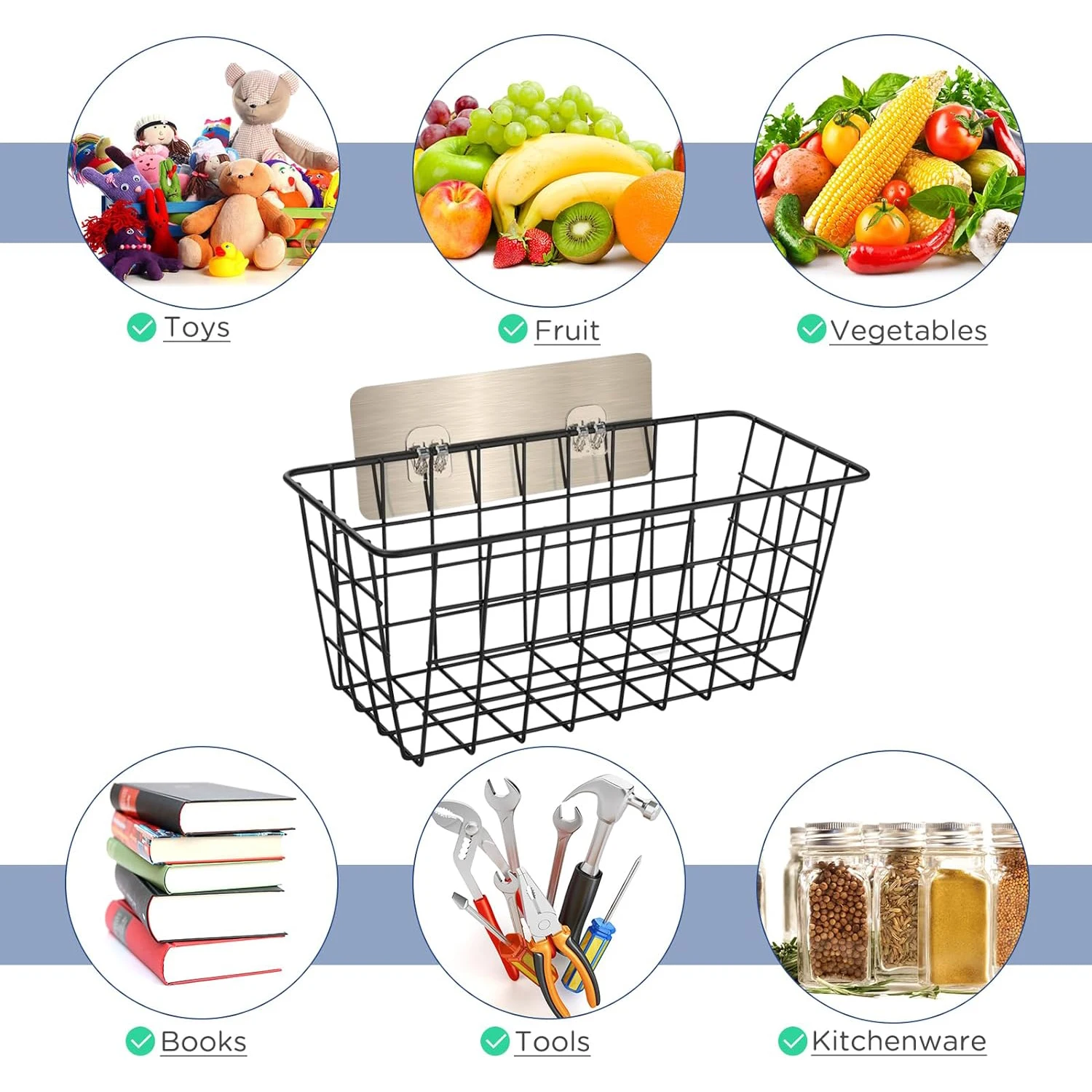 Wire Storage Baskets Adhesive Basket Cabinet Door Organizer No Drilling Sturdy Hanging Fruit Baskets