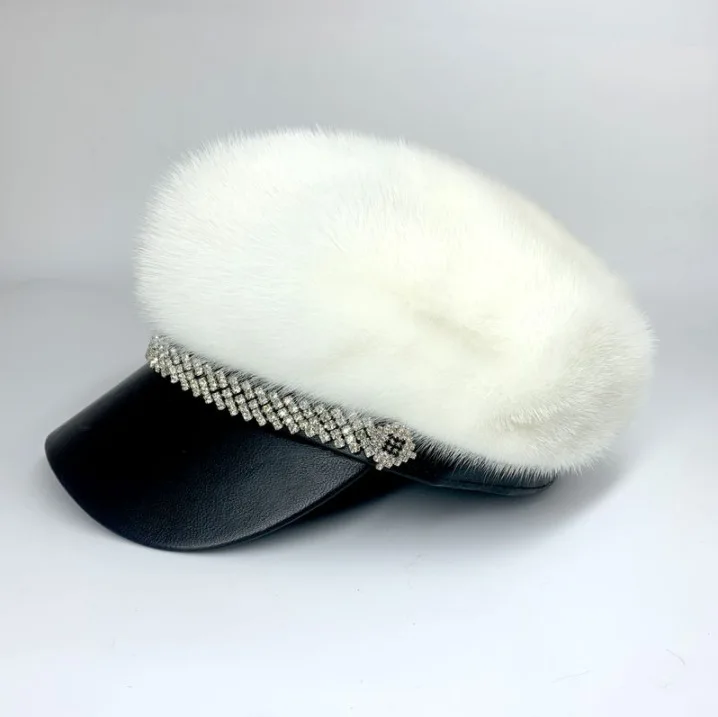 Custom baseball hat mink fur winter sheepskin leather warm ladies fashionable sports panel fluffy luxury fur hats for women