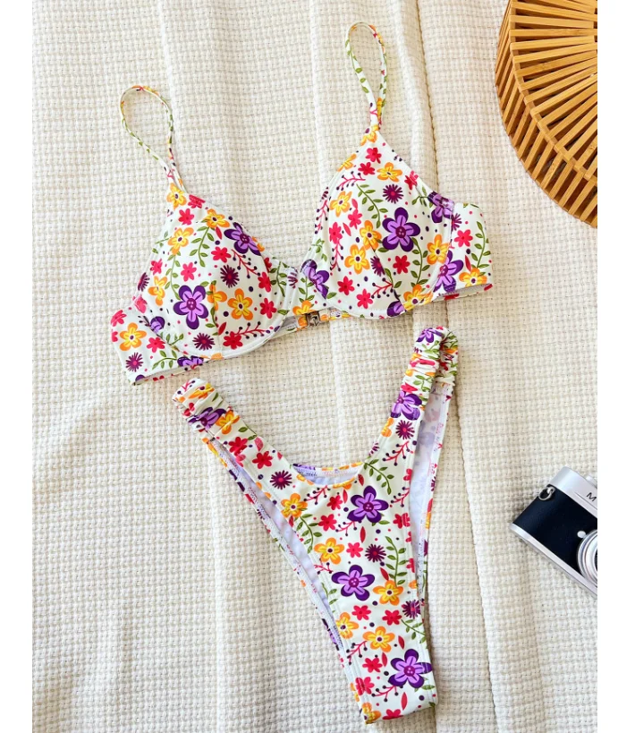 STOCK Custom Print Women Underwire Swimwear With Pad V-Shape Bottom High Rise Cheeky Mini Bikini Set