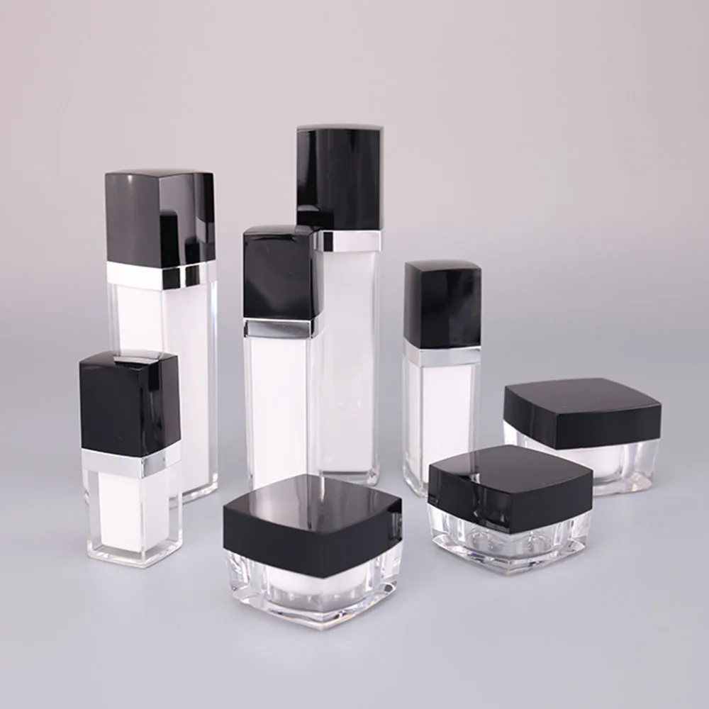 Black and white color jar Acrylic cosmetic bottle set plastic jar lotion bottles cream jar
