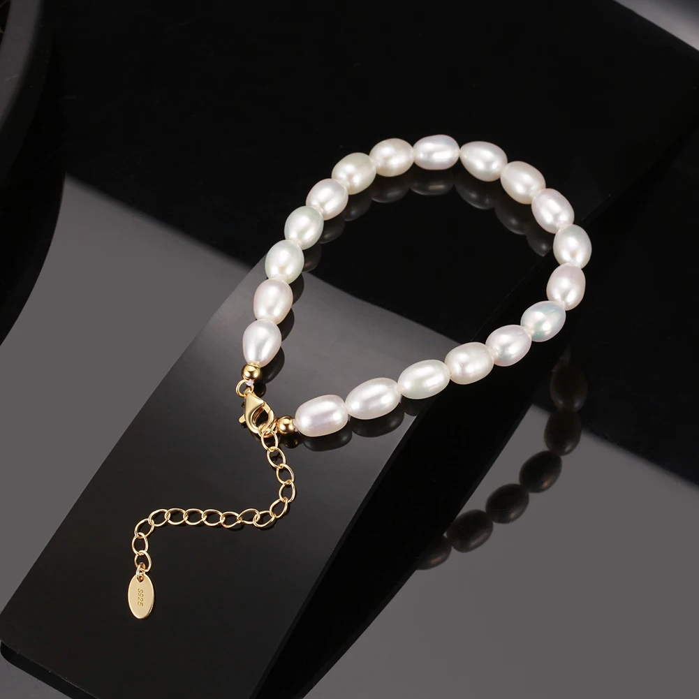 RINNTIN GPB11 Best Quality 5- 6mm White Beaded Bracelet 925 Sterling Silver White FreshWater Pearl Bracelet for Women