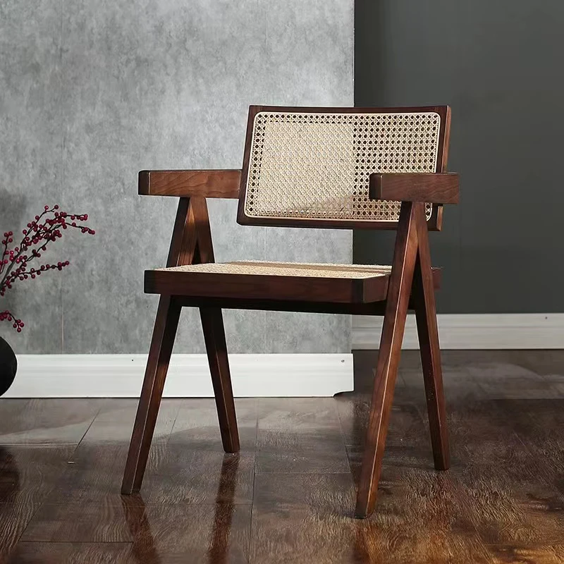 Wholesale Nordic Cane Dining Chair Rustic Hand Chair Frame Ash Rubber Solid Wood Armchair Rattan Chair